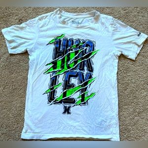 Hurley white tshirt with blue black green rubber print boy’s size medium 10-12